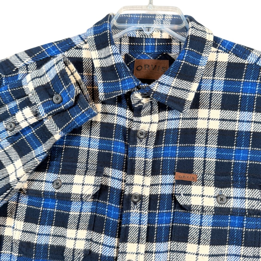 Orvis Flannel Shirt Mens Medium Blue Plaid Long Sleeve Heavy Cotton Button Down